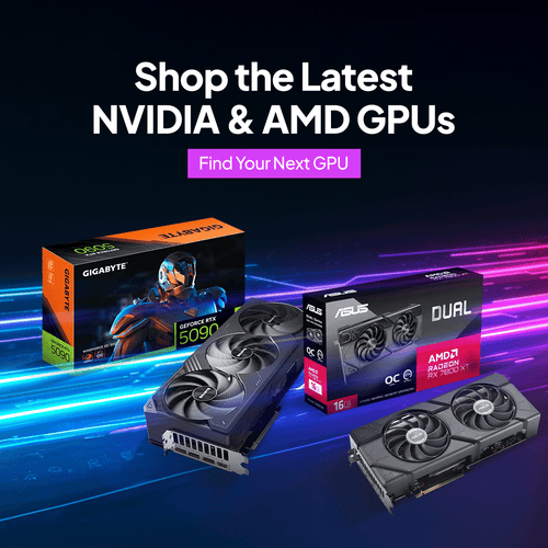 RTX 5090 graphic card and Rx 7800xt Asus graphic card with text shop the latest nvidia and amd GPUs