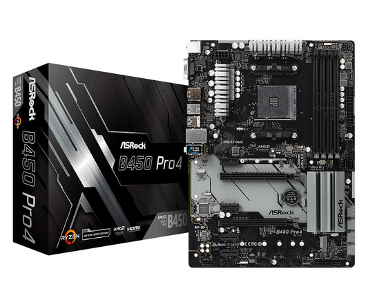 Asrock B450 Pro4 ATX AMD Motherboard | AM4 Socket - 4 x DDR4 Memory Slots
