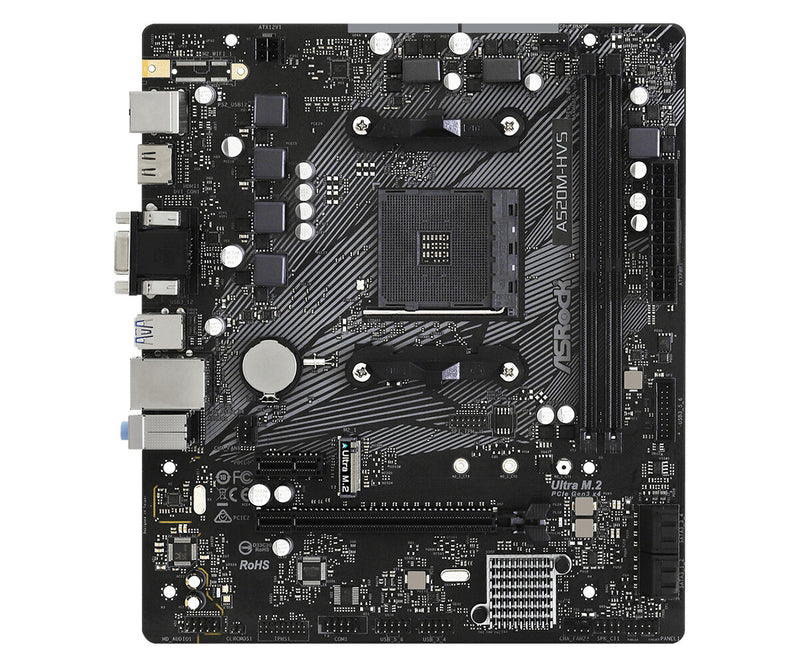 Top view of ASRock A520M-HVS motherboard with 2 DDR4 DIMM slots and PCIe x16 slot