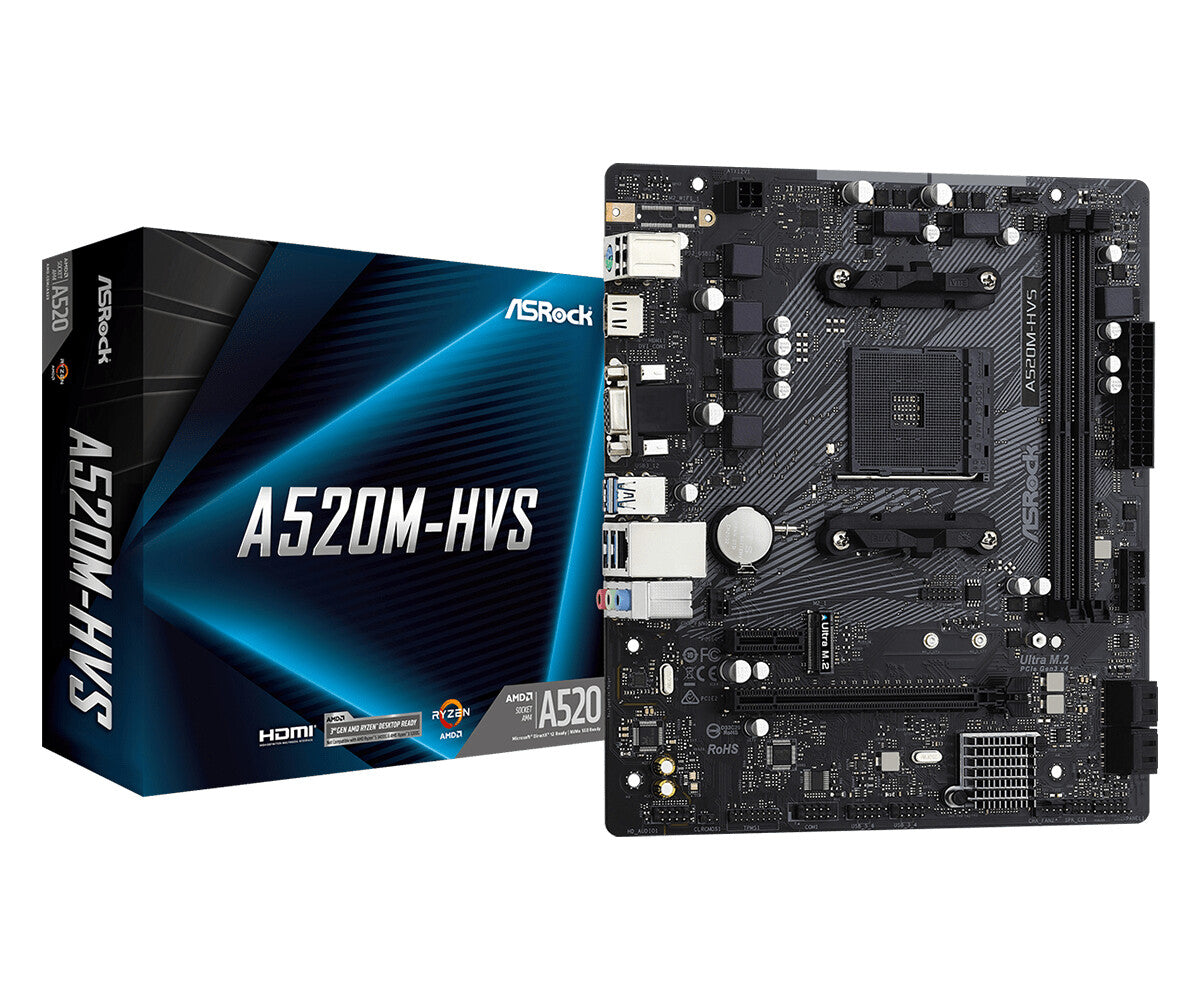 ASRock A520M-HVS micro ATX AMD motherboard with AM4 socket and DDR4 memory slots, and also a box
