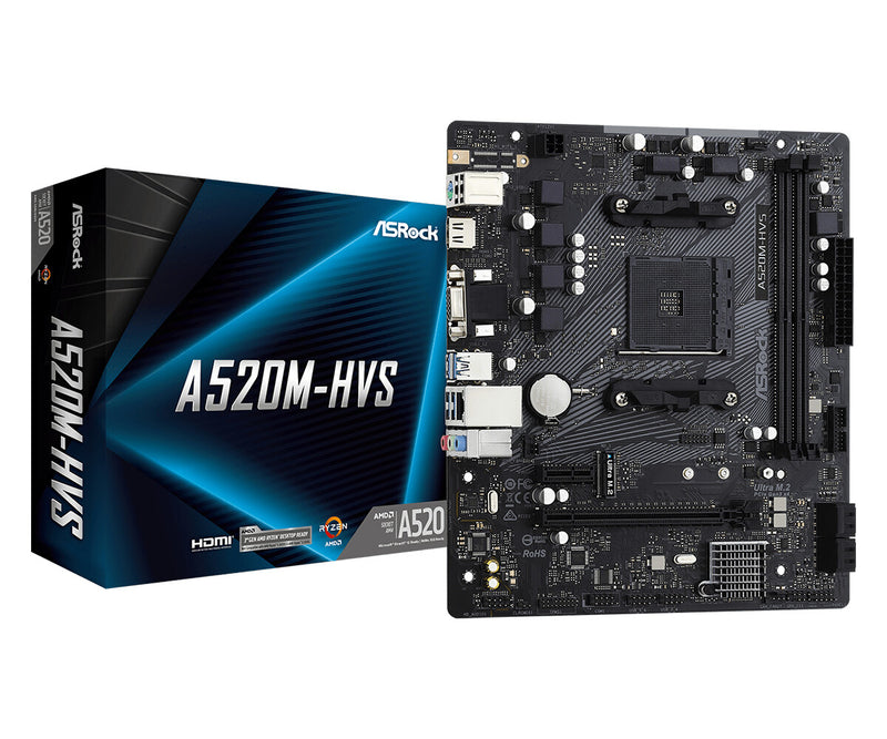 ASRock A520M-HVS micro ATX AMD motherboard with AM4 socket and DDR4 memory slots, and also a box