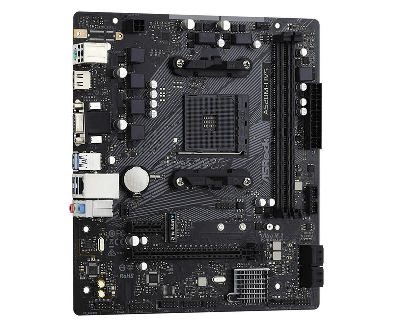 Top view of ASRock A520M-HVS motherboard with 2 DDR4 DIMM slots and PCIe x16 slot