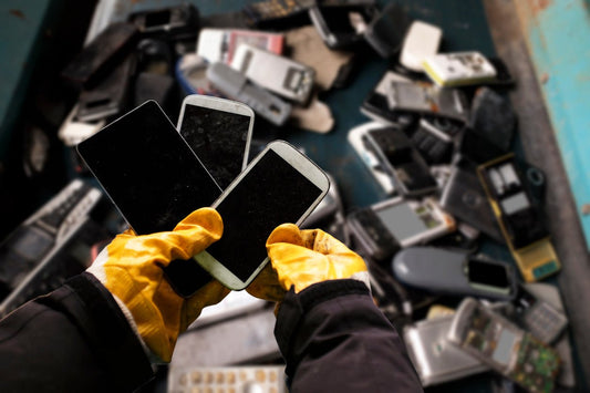 person with yellow gloves holding three mobile phones above a pile of tech waste