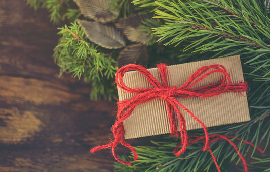 Christmas gift wrapped in brown paper and red ribbon by a tree