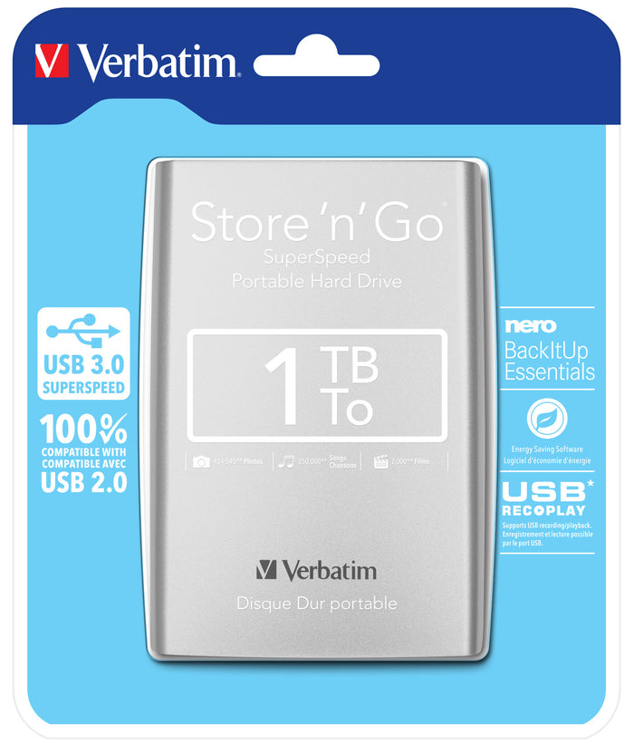 Verbatim Store 'n' Go USB 3.0 Portable Hard Drive 1TB Silver 1 TB 2.5" External HDD | USB 3.2  Silver
