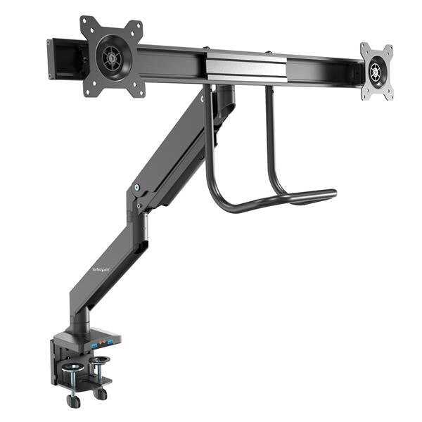 Desk Mount Dual Monitor Arm USB & Audio Slim Full Motion Adjustable Dual Monitor VESA Mount up to 32" Displays Ergonomic Articulating C Clamp Grommet