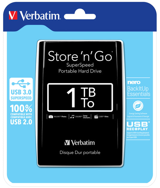 Verbatim External HDD Store 'n' Go USB 3.0 Portable Hard Drive 1TB Black