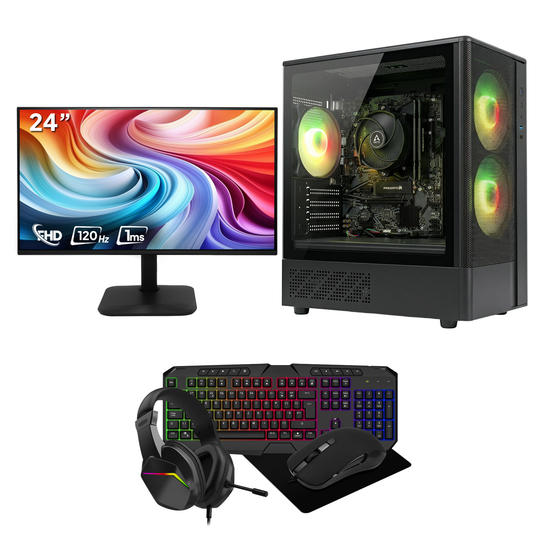 GTR Gaming Infinity Gaming PC Bundle |  AMD Ryzen 5 3400G | 1TB NVMe SSD | 16GB DDR4 3200MHz RAM | 650W PSU | 24" Gaming Monitor | Gaming Keyboard, Mouse Headset