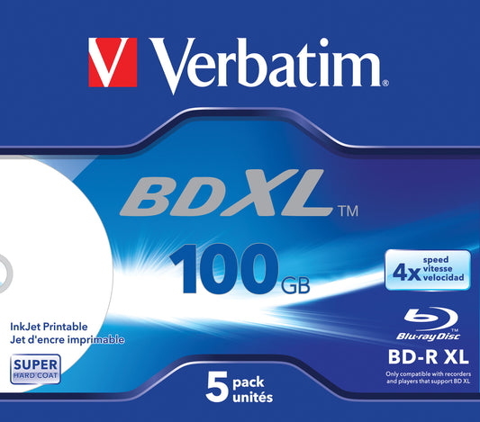 Verbatim Blank Blu-Ray Disc BD-R XL 100GB* 4x Wide Inkjet Printable 5 Pack Jewel Case