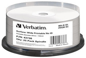 Verbatim Blank Blu-Ray Disc BD-R SL 25GB 6x Wide Printable 25 Pack Spindle - No ID Brand