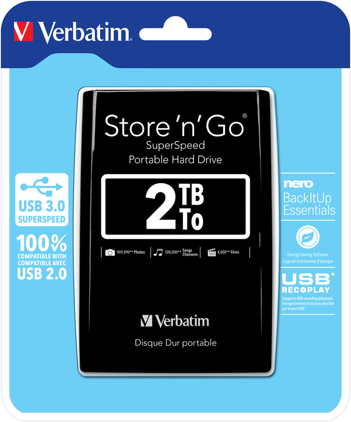 Verbatim Store 'n' Go USB 3.0 Portable Hard Drive 2TB Black 2.05 TB External HDD | USB 3.2  Black