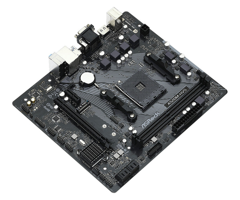 ASRock A520M-HVS motherboard supporting AMD Ryzen 3000 series CPUs and 64GB DDR4 RAM