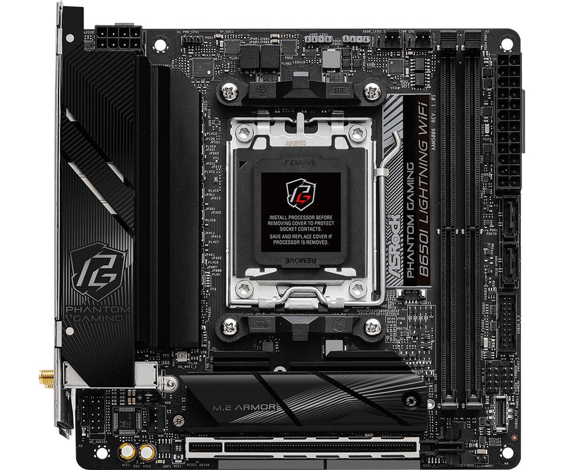ASRock B650I Lightning WiFi mini ITX motherboard top view with AM5 socket