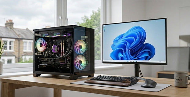 A bright room with Gaming setup with liquid cool GTR PC and ARGB lightning with a gaming monitor and a gaming keybord mouse combo.