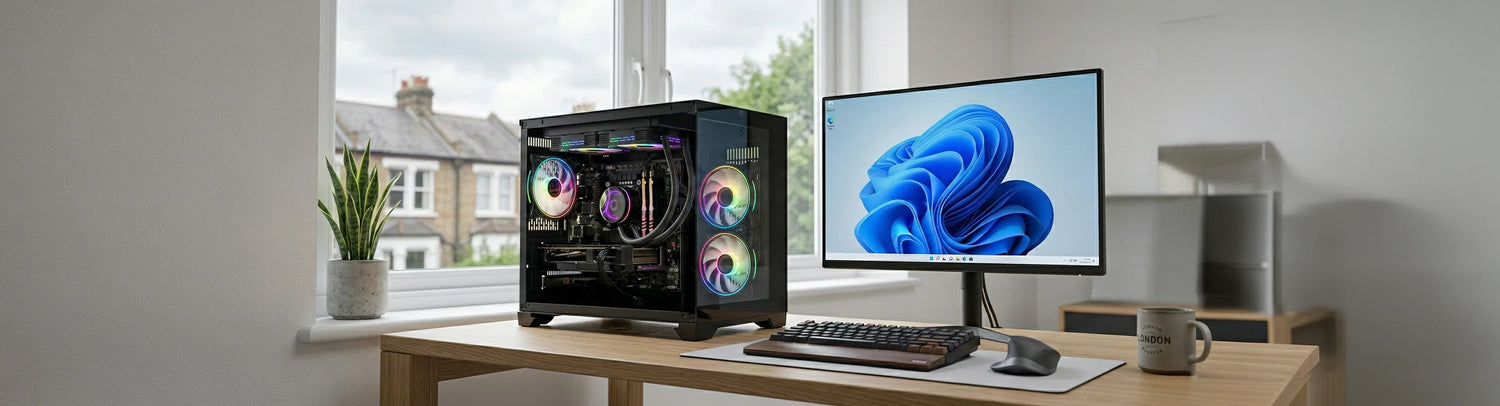 A bright room with Gaming setup with liquid cool GTR PC and ARGB lightning with a gaming monitor and a gaming keybord mouse combo.