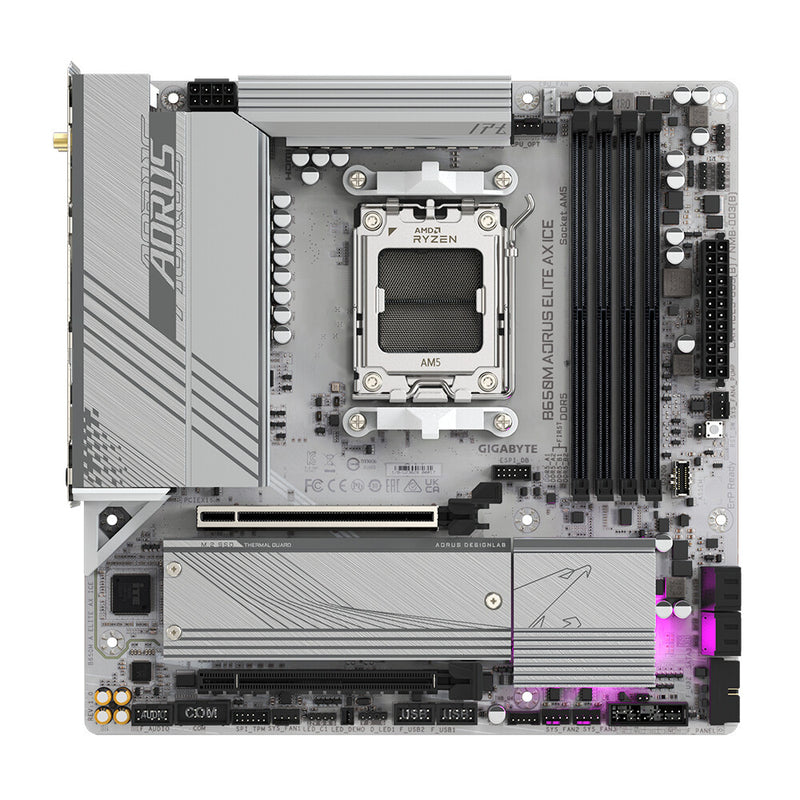 Gigabyte B650M AORUS ELITE AX ICE motherboard top view with AM5 socket