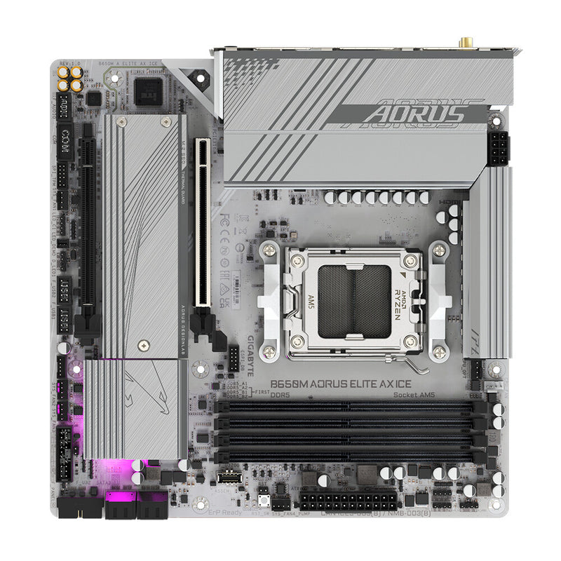 Close-up of DDR5 memory slots on Gigabyte B650M AORUS ELITE AX ICE motherboard