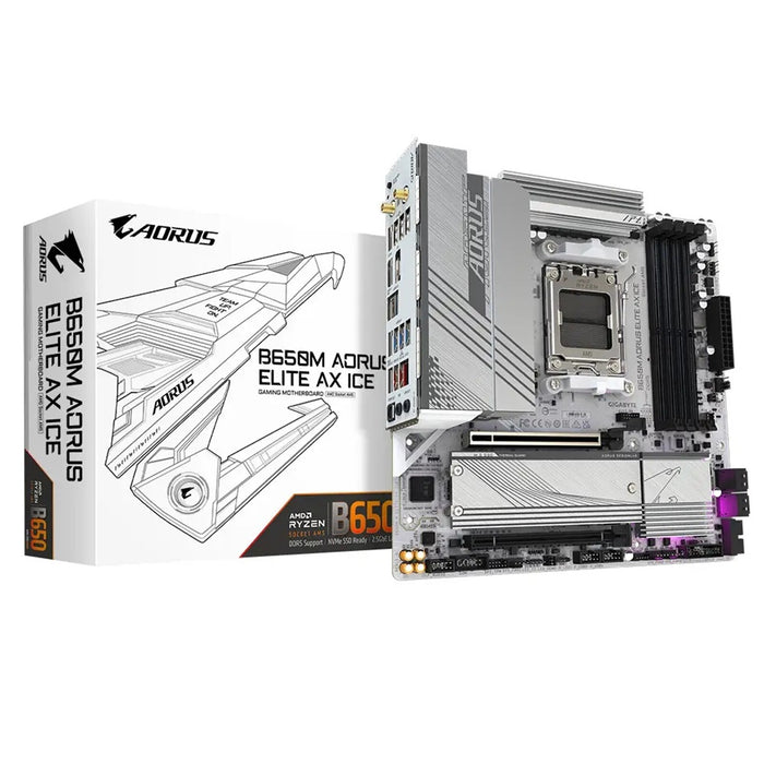 Gigabyte B650M AORUS ELITE AX ICE motherboard showcasing PCIe 5.0 x16 slot and the box