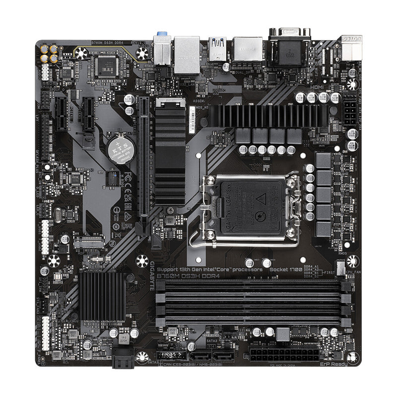 Gigabyte B760M DS3H DDR4 motherboard with two M.2 slots and heatsinks
