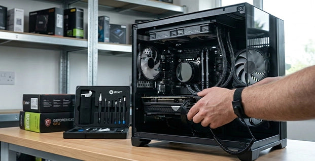 A computer building specialist assembling GTR PC from gotraka in a computer electronics shop, which has PC components like processor, graphics card, storage devicess etc on a rack and table