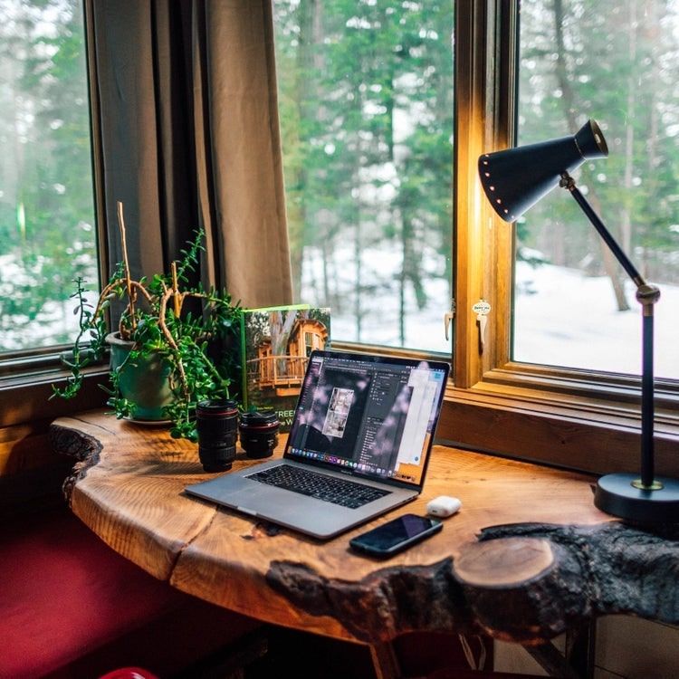 A cozy home office setup with a laptop, desk lamp, and potted plant on a wooden desk 