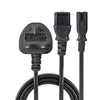 Lindy 2.5m UK 3 Pin Plug to IEC C13 & IEC C7 Splitter Extension Cable, Black