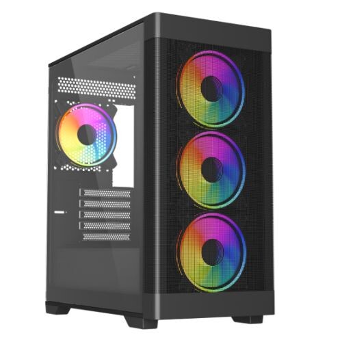 Zephyr Black ARGB Gaming Case w/ Glass Window, Micro ATX, 4x ARGB Fans, 6-Port PWM ARGB Fan Hub & Remote Control, Mesh Front