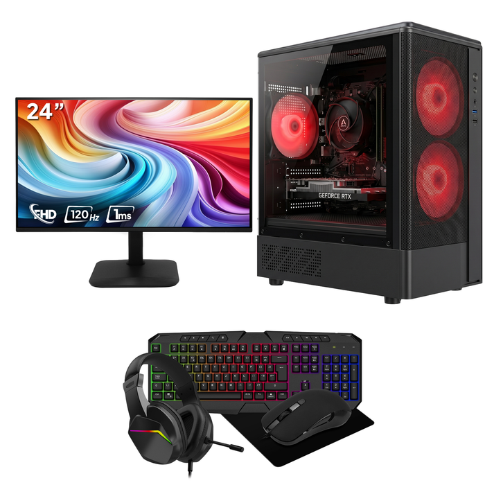 GTR Gaming Infinity Gaming PC Bundle | AMD Ryzen 5 5600 | GT 1030 4GB | 512GB SATA SSD | 16GB DDR4 3200MHz RAM | 500W PSU | Windows 11 Home | AC900 WiFi | 24" Gaming Monitor | Gaming Keyboard, Mouse & Headset
