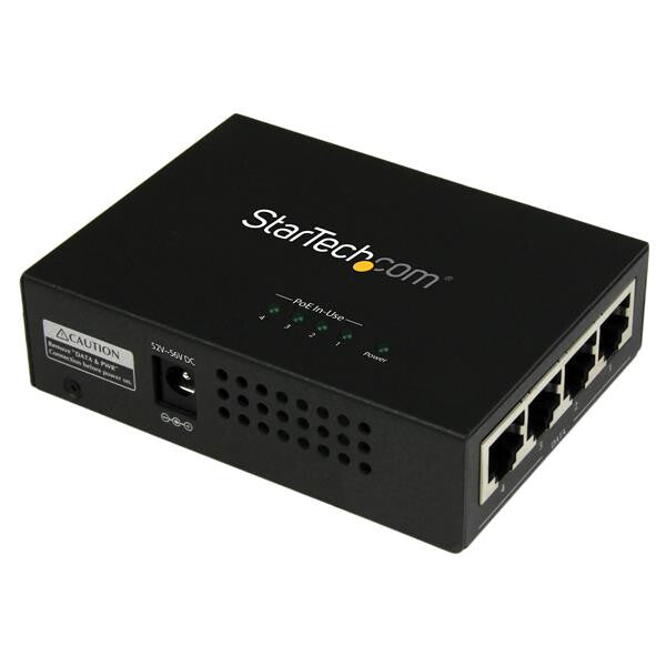 StarTech 4-Port Gigabit Midspan - PoE+ Injector - 802.3at/af Extender | 2000 Mbit/s Black