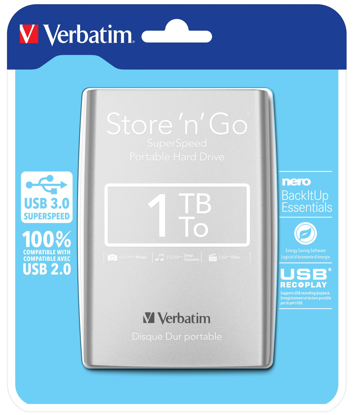 Verbatim External HDD Store 'n' Go USB 3.0 Portable 1TB Silver