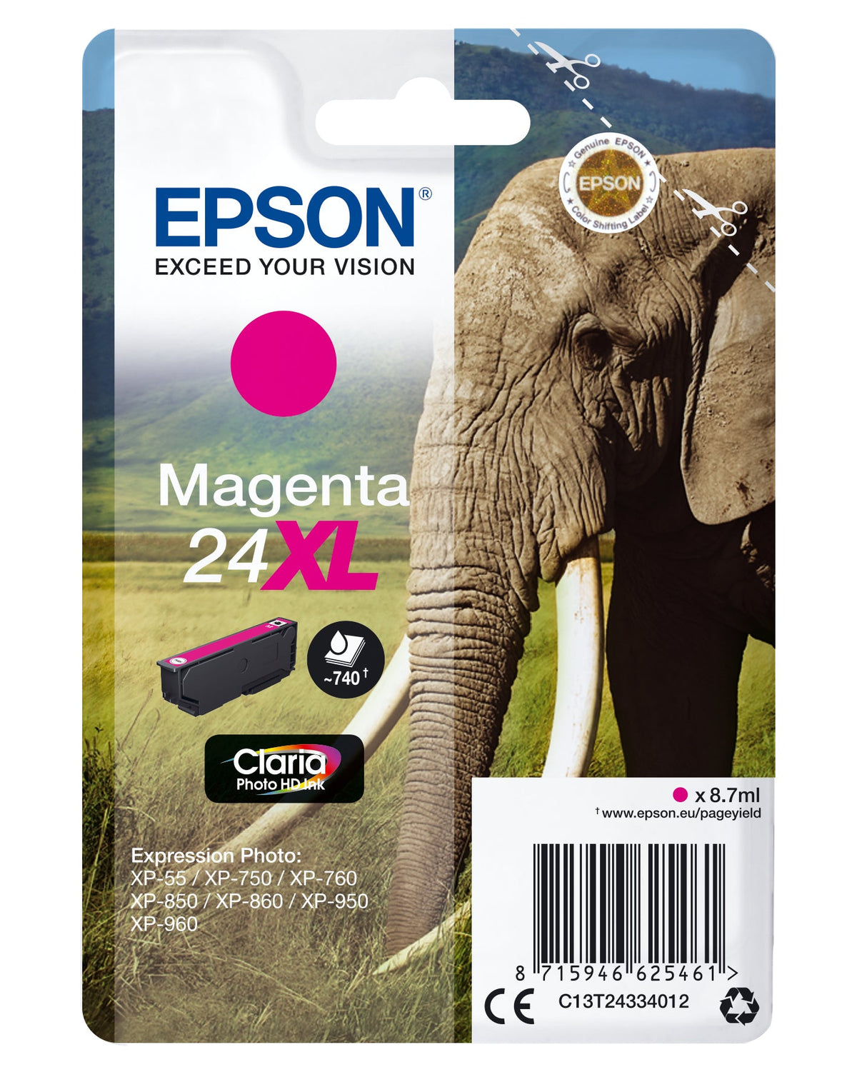 Epson Elephant Singlepack Magenta 24XL Claria Photo HD Ink