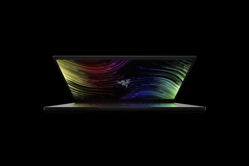 Close-up of the sleek black chassis of the Razer Blade 17, showcasing its premium design and compact footprint for a 17-inch laptop