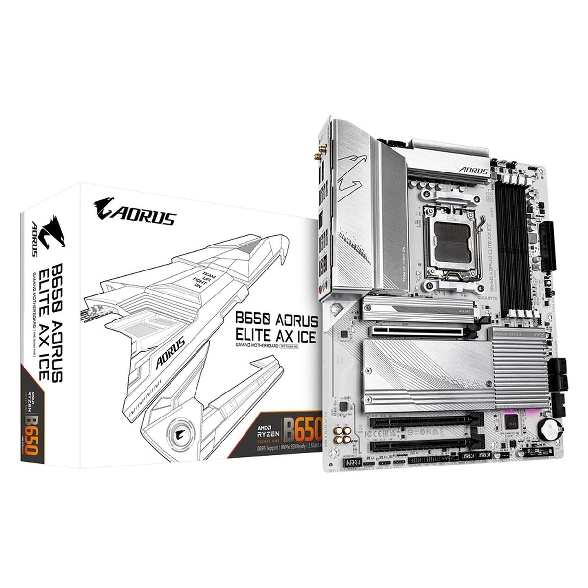 Gigabyte B650M AORUS ELITE AX ICE Motherboard - Supports AMD Ryzen 8000 CPUs, 12+2+2 Phases Digital VRM, up to 8000MHz DDR5 (OC), 1xPCIe 5.0 + 1xPCIe 4.0 M.2, Wi-Fi 6E, 2.5GbE LAN, USB 3.2 Gen 2