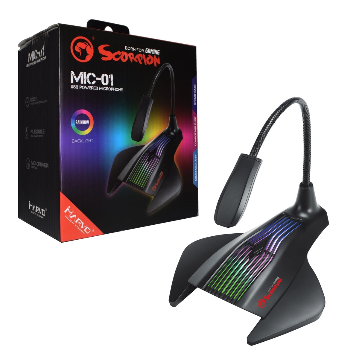 Marvo Scorpion MIC-01 Gaming Microphone with RGB Rainbow Lighting, Flexible Mic Boom-Arm